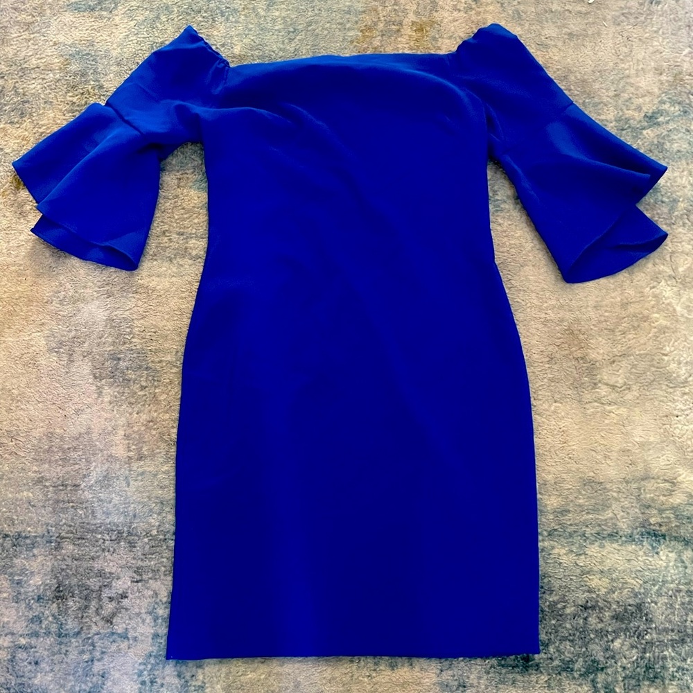 Cobalt off the shoulder cocktail dress